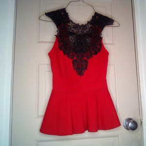 Red Peplum Top With Black Lace Detail